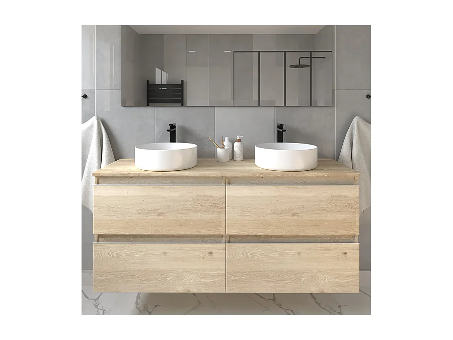 Meuble de salle de bain sans miroir avec vasques ronde BALEA - Bambou (chêne clair) - 120cm