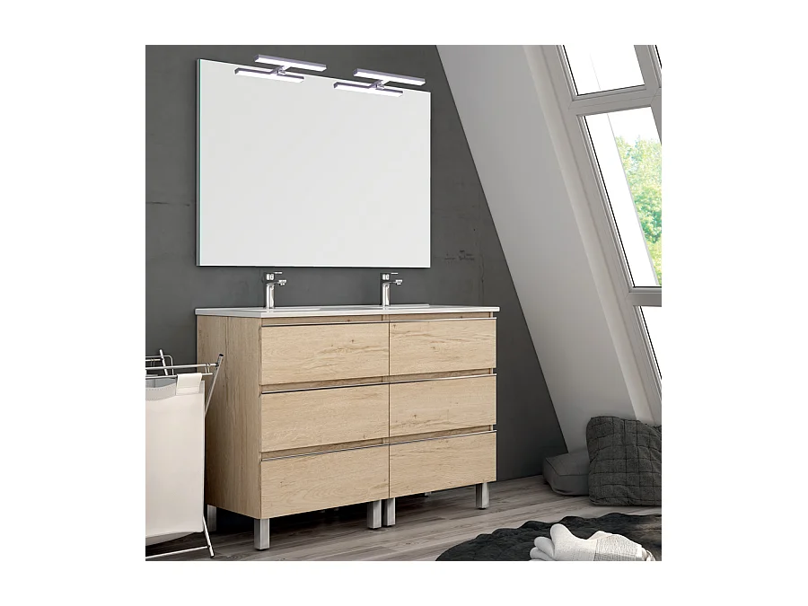 Meuble de salle de bain 140cm double vasque - 6 tiroirs - PALMA - bambou (chêne clair)