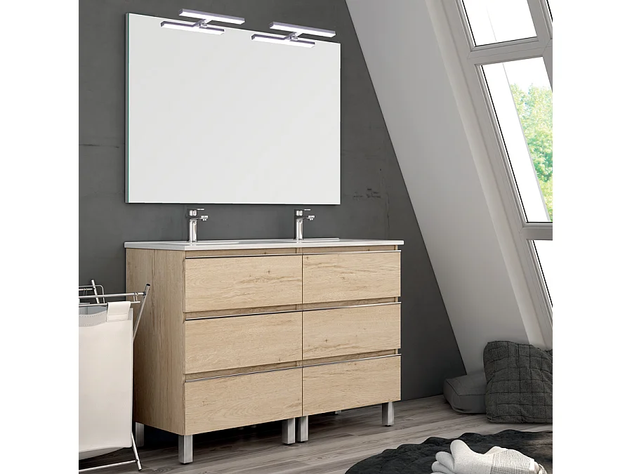 Meuble de salle de bain 140cm double vasque - 6 tiroirs - PALMA - bambou (chêne clair)