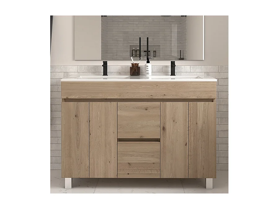 Meuble de salle de bain 120cm double vasque sans miroir sur pieds avec portes et tiroirs - cambrian (chêne clair) - HARO