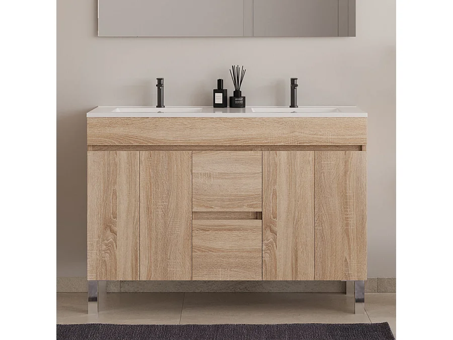 Meuble de salle de bain 120cm double vasque sans miroir sur pieds avec portes et tiroirs - cambrian (chêne clair) - HARO