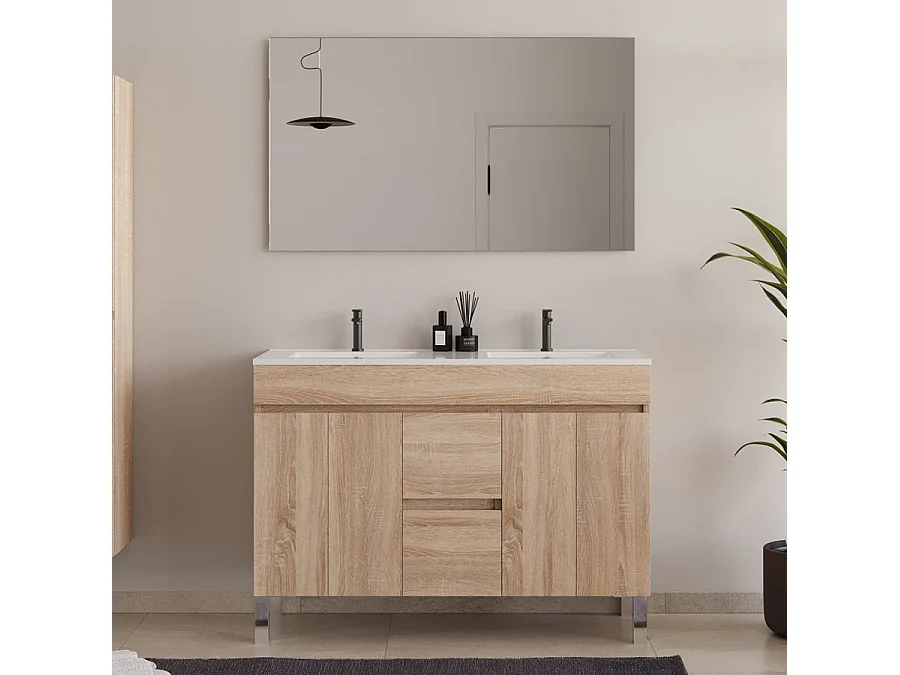 Meuble de salle de bain 120cm double vasque sans miroir sur pieds avec portes et tiroirs - cambrian (chêne clair) - HARO