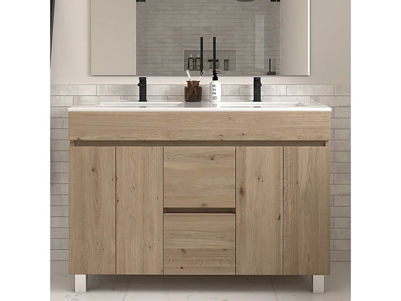 Meuble de salle de bain 120cm double vasque sans miroir sur pieds avec portes et tiroirs - cambrian (chêne clair) - HARO
