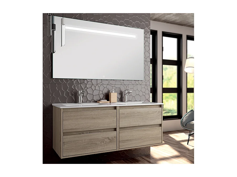 Meuble de salle de bain double vasque - 4 tiroirs - IRIS et miroir Led STAM - cambrian (chêne) - 120cm