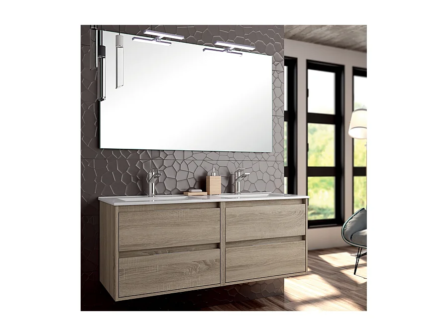 Meuble de salle de bain double vasque - 4 tiroirs - IRIS et miroir Led STAM - cambrian (chêne) - 120cm