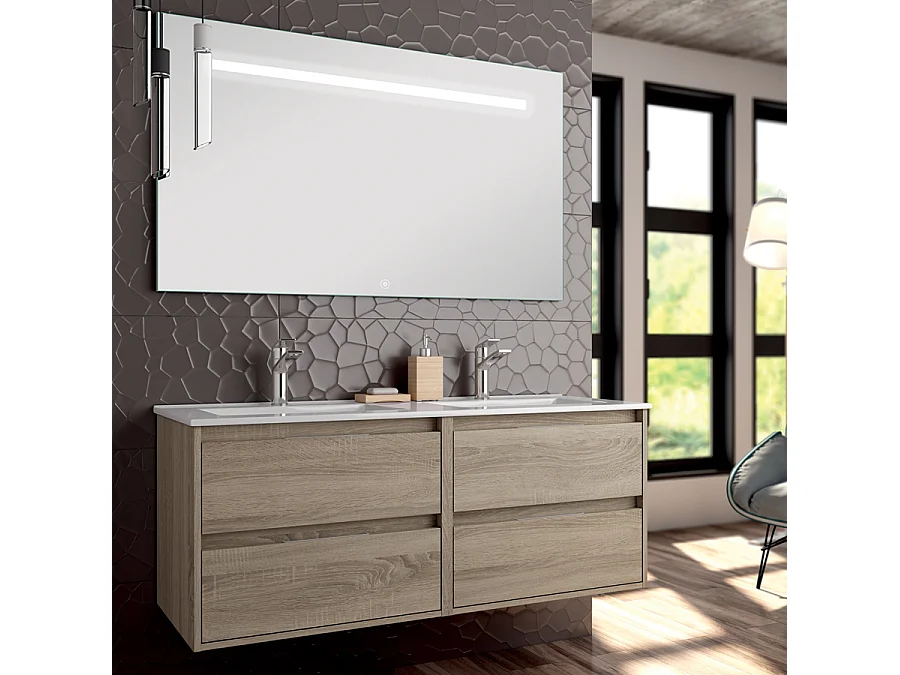 Meuble de salle de bain double vasque - 4 tiroirs - IRIS et miroir Led STAM - cambrian (chêne) - 120cm
