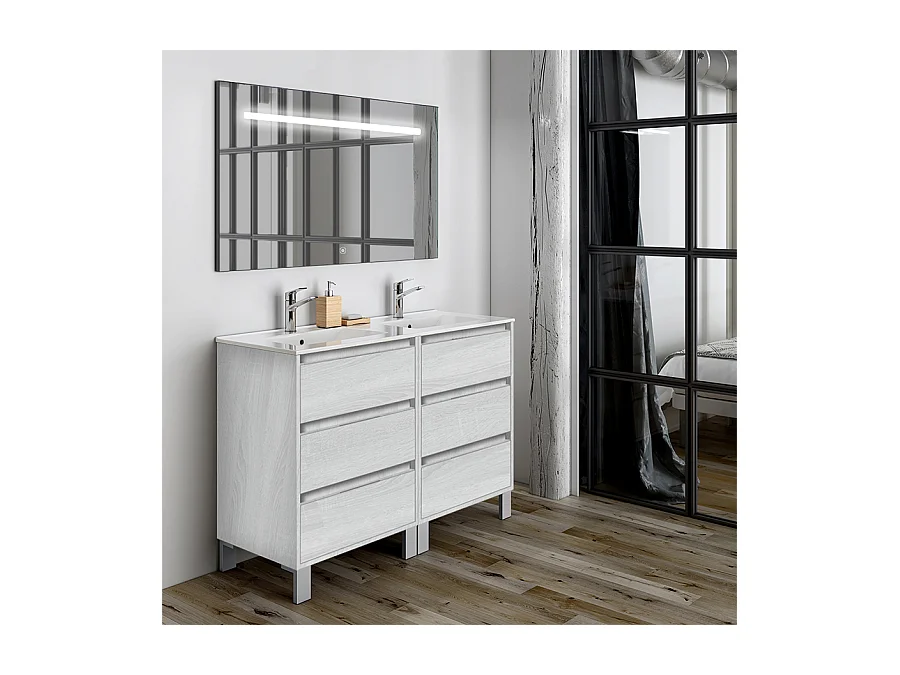Meuble de salle de bain double vasque - 6 tiroirs - TIRIS 3C et miroir Led STAM - hibernian (bois blanchi) - 120cm