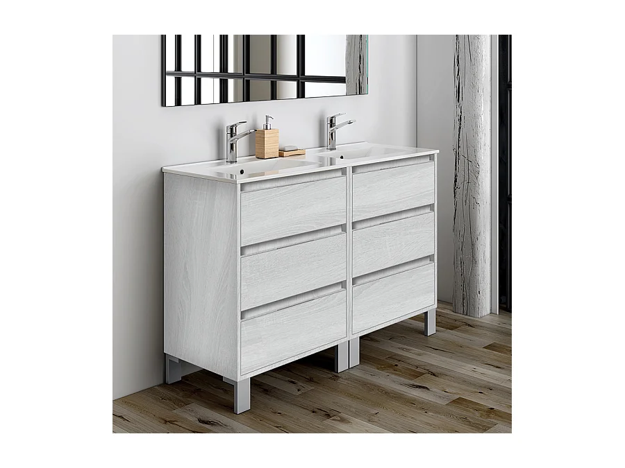 Meuble de salle de bain double vasque - 6 tiroirs - TIRIS 3C et miroir Led STAM - hibernian (bois blanchi) - 120cm