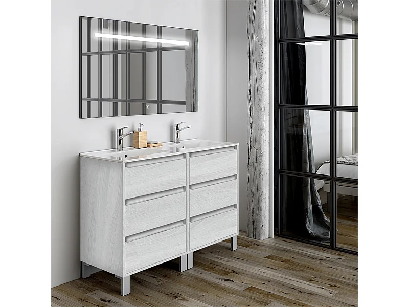 Meuble de salle de bain double vasque - 6 tiroirs - TIRIS 3C et miroir Led STAM - hibernian (bois blanchi) - 120cm