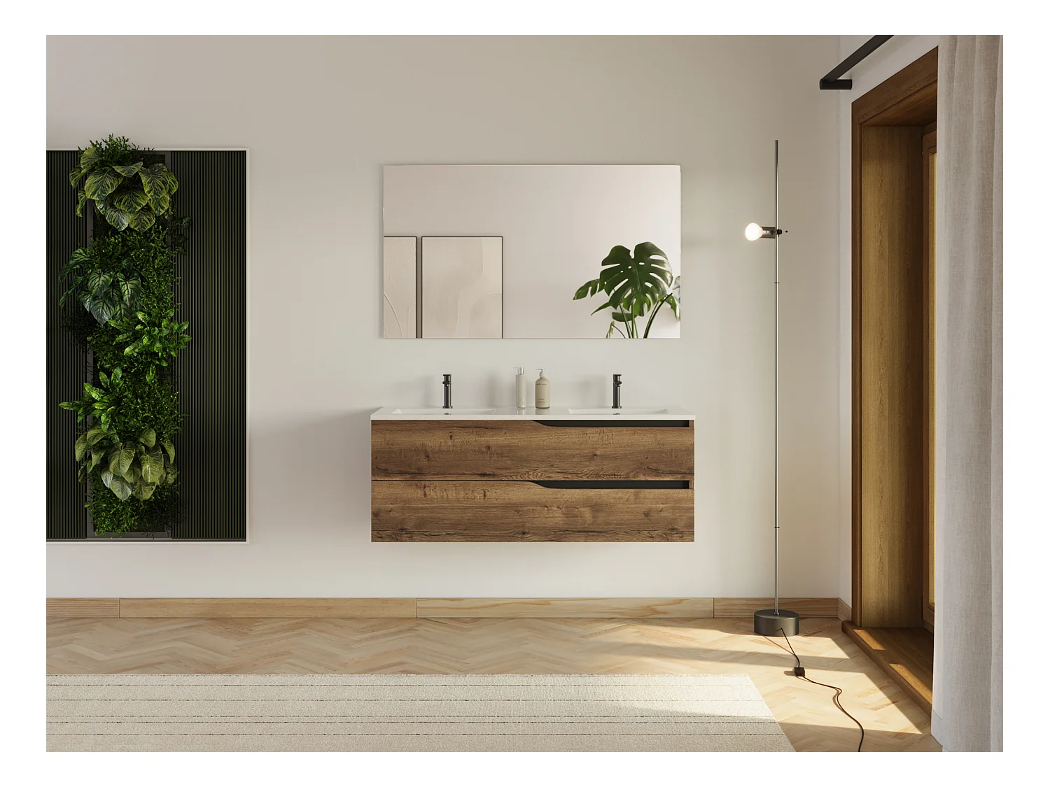 Meuble de salle de bain 120cm avec plan double vasque - 2 tiroirs - sans miroir - tabaco (chêne foncé) - LUNA