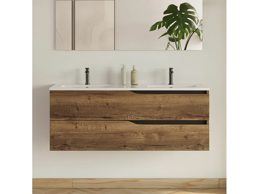 Meuble de salle de bain 120cm avec plan double vasque - 2 tiroirs - sans miroir - tabaco (chêne foncé) - LUNA