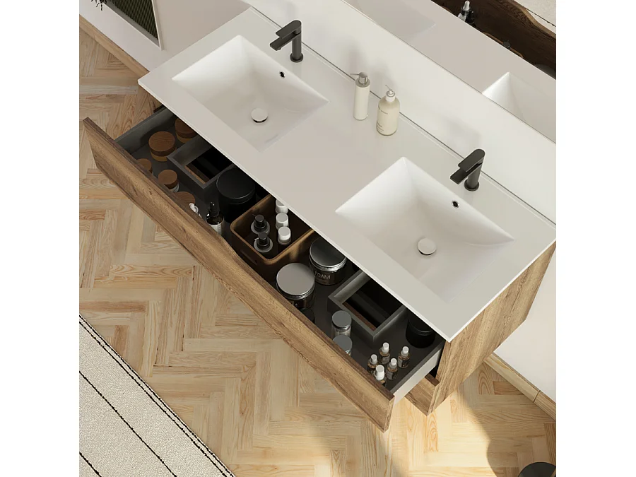 Meuble de salle de bain 120cm avec plan double vasque - 2 tiroirs - sans miroir - tabaco (chêne foncé) - LUNA