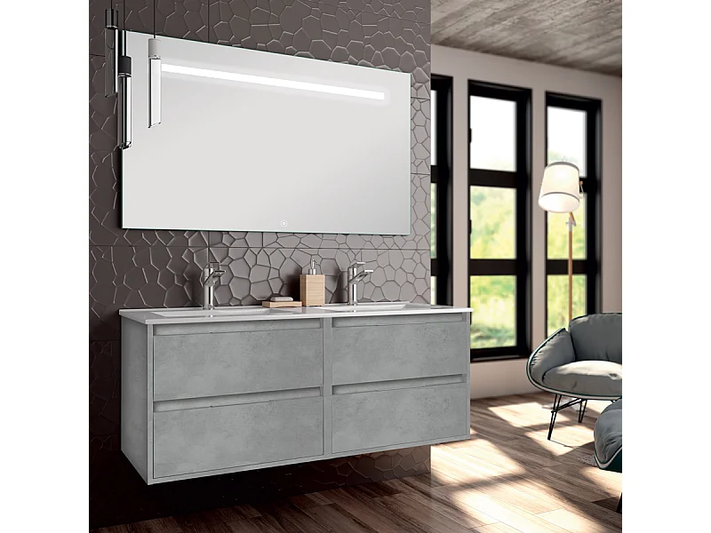 Meuble de salle de bain double vasque - 4 tiroirs - IRIS et miroir Led STAM - ciment (gris) - 120cm
