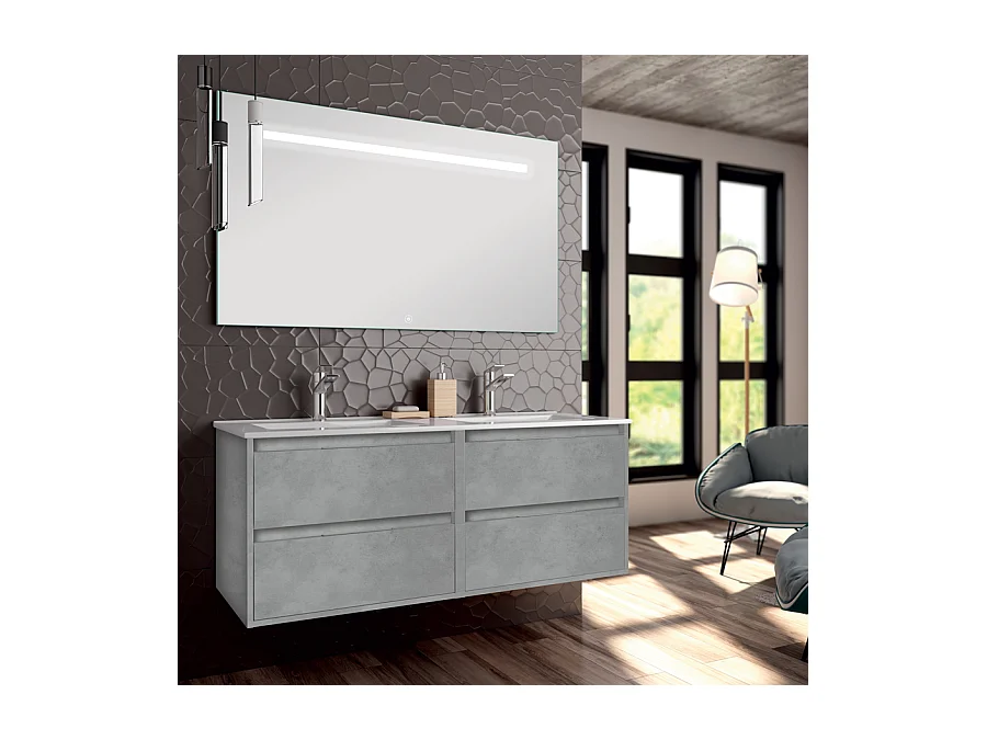 Meuble de salle de bain double vasque - 4 tiroirs - IRIS et miroir Led STAM - ciment (gris) - 120cm