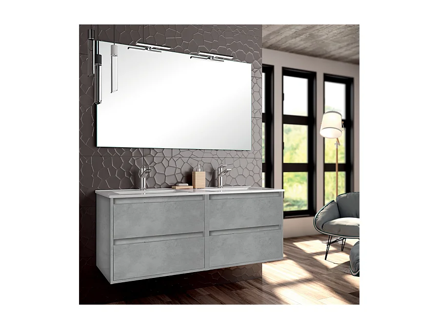Meuble de salle de bain double vasque - 4 tiroirs - IRIS et miroir Led STAM - ciment (gris) - 120cm