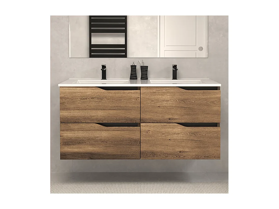 Meuble de salle de bain 140cm double vasque - 4 tiroirs - sans miroir - tabaco (bois foncé) - LUNA