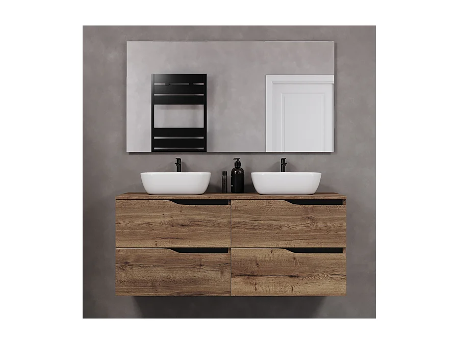 Meuble de salle de bain 120cm avec plateau et deux vasques à poser zeus - 4 tiroirs - tabaco (chêne foncé) - LUNA
