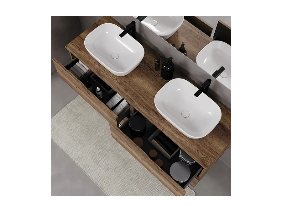Meuble de salle de bain 120cm avec plateau et deux vasques à poser zeus - 4 tiroirs - tabaco (chêne foncé) - LUNA