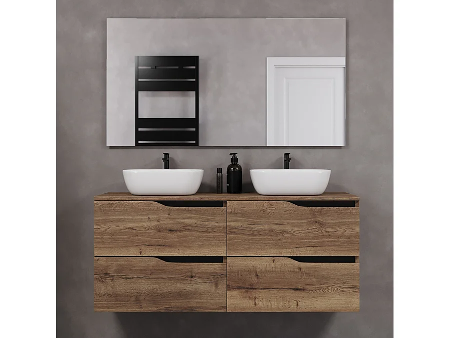 Meuble de salle de bain 120cm avec plateau et deux vasques à poser zeus - 4 tiroirs - tabaco (chêne foncé) - LUNA
