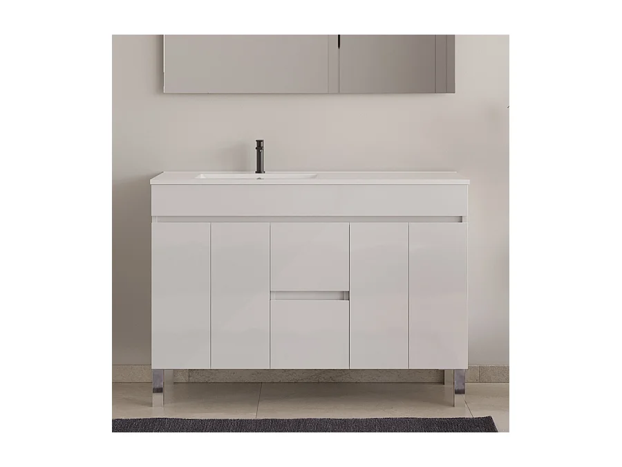 Meuble de salle de bain 120cm sur pieds avec vasque déporté - sans miroir - portes et tiroirs - blanc - HARO