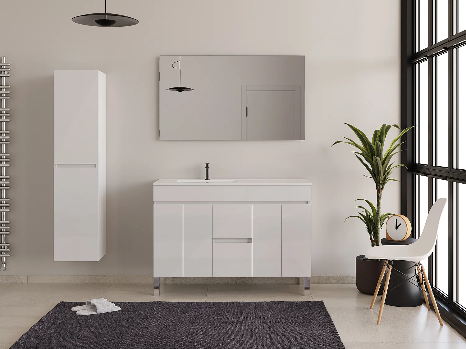 Meuble de salle de bain 120cm sur pieds avec vasque déporté - sans miroir - portes et tiroirs - blanc - HARO