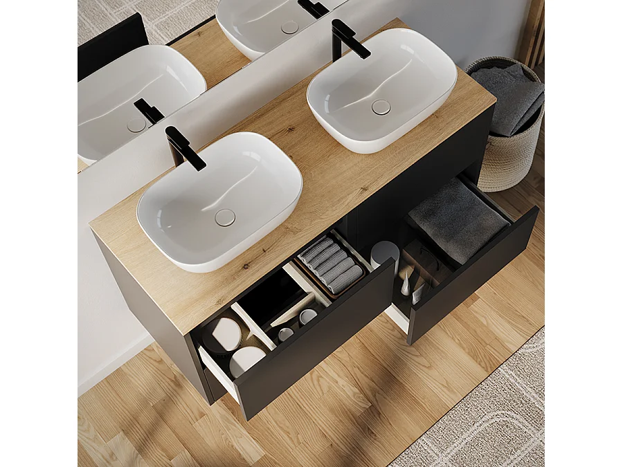 Meuble de salle de bain 120cm avec vasque à poser arrondie - 4 tiroirs - noir - MONA