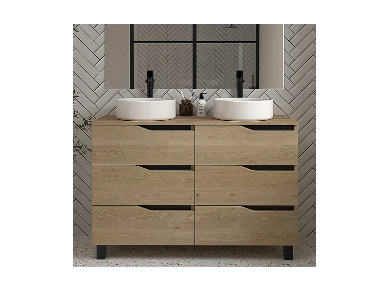 Meuble de salle de bain 120 avec plateau et 2 vasques à poser - sans miroir - 6 tiroirs - madera miel (bois clair) - MATA