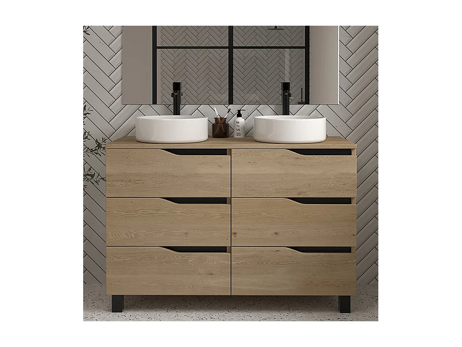 Meuble de salle de bain 120 avec plateau et 2 vasques à poser - sans miroir - 6 tiroirs - madera miel (bois clair) - MATA
