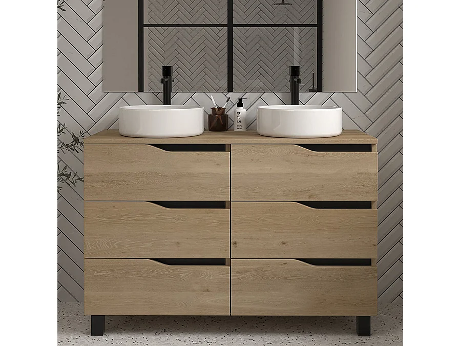 Meuble de salle de bain 120 avec plateau et 2 vasques à poser - sans miroir - 6 tiroirs - madera miel (bois clair) - MATA