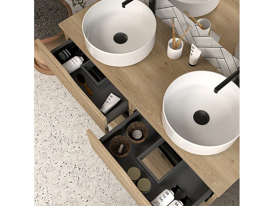 Meuble de salle de bain 120 avec plateau et 2 vasques à poser - sans miroir - 6 tiroirs - madera miel (bois clair) - MATA