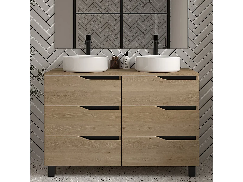 Meuble de salle de bain 120 avec plateau et 2 vasques à poser - sans miroir - 6 tiroirs - madera miel (bois clair) - MATA