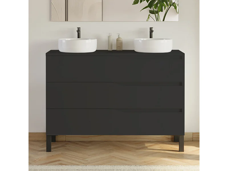 Meuble de salle de bain 120cm avec plateau et 2 vasques à poser Ares - 3 tiroirs - sans miroir - noir - MATA