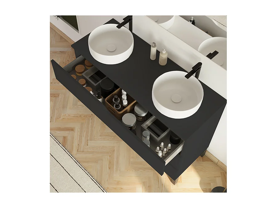 Meuble de salle de bain 120cm avec plateau et 2 vasques à poser Ares - 3 tiroirs - sans miroir - noir - MATA
