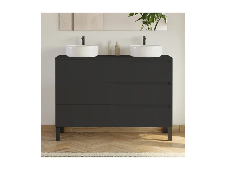 Meuble de salle de bain 120cm avec plateau et 2 vasques à poser Ares - 3 tiroirs - sans miroir - noir - MATA