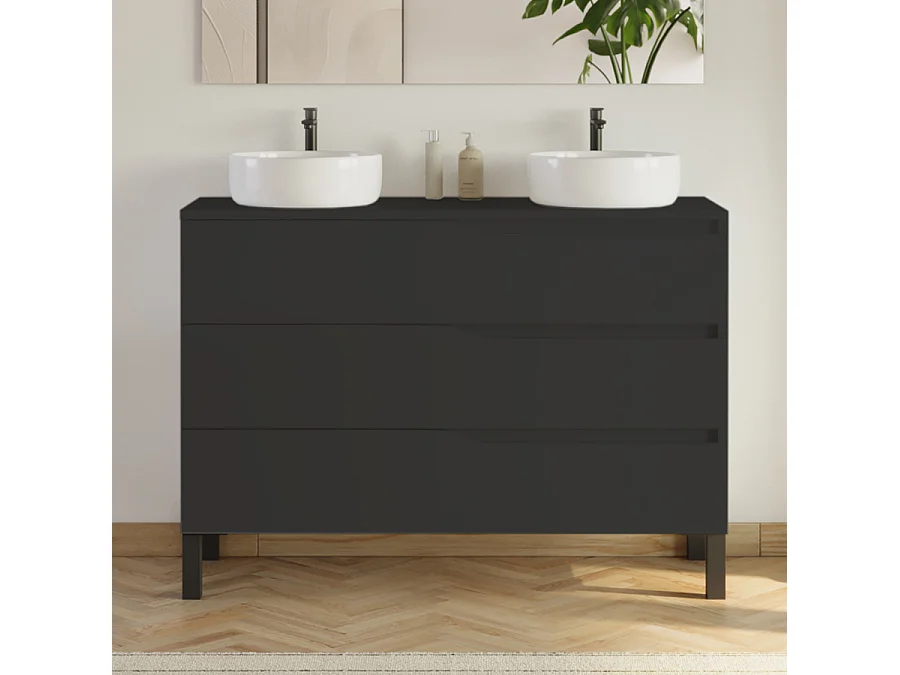 Meuble de salle de bain 120cm avec plateau et 2 vasques à poser Ares - 3 tiroirs - sans miroir - noir - MATA