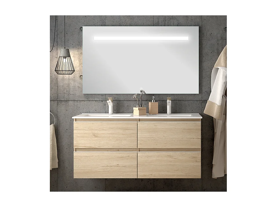 Meuble de salle de bain double vasque - 4 tiroirs - BALEA et miroir Led STAM - bambou (chêne clair) - 120cm