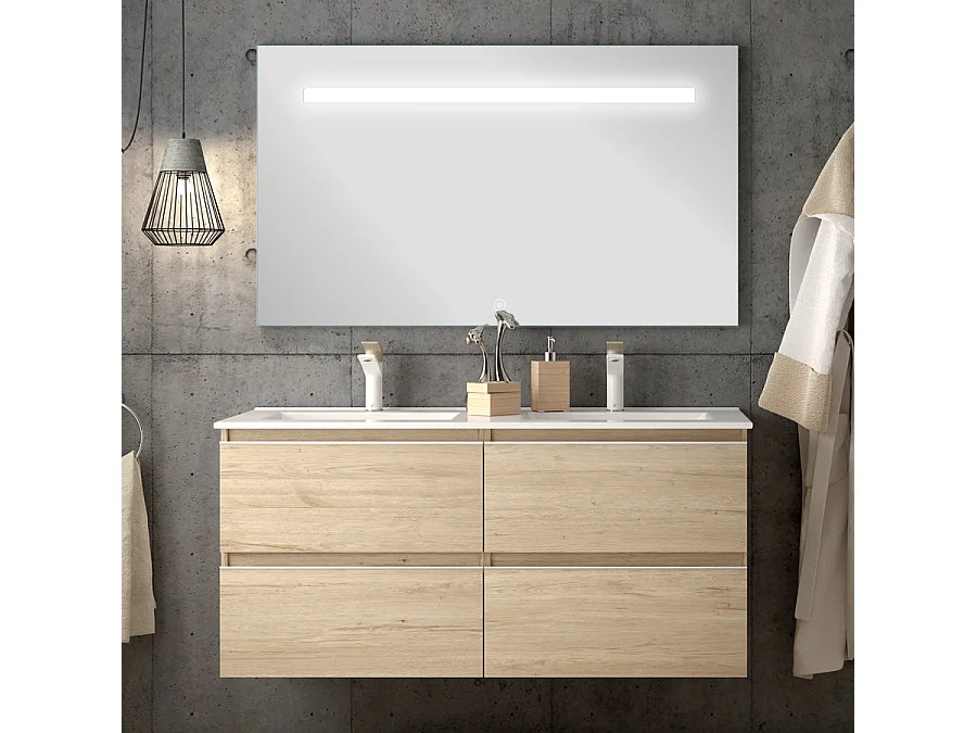 Meuble de salle de bain double vasque - 4 tiroirs - BALEA et miroir Led STAM - bambou (chêne clair) - 120cm