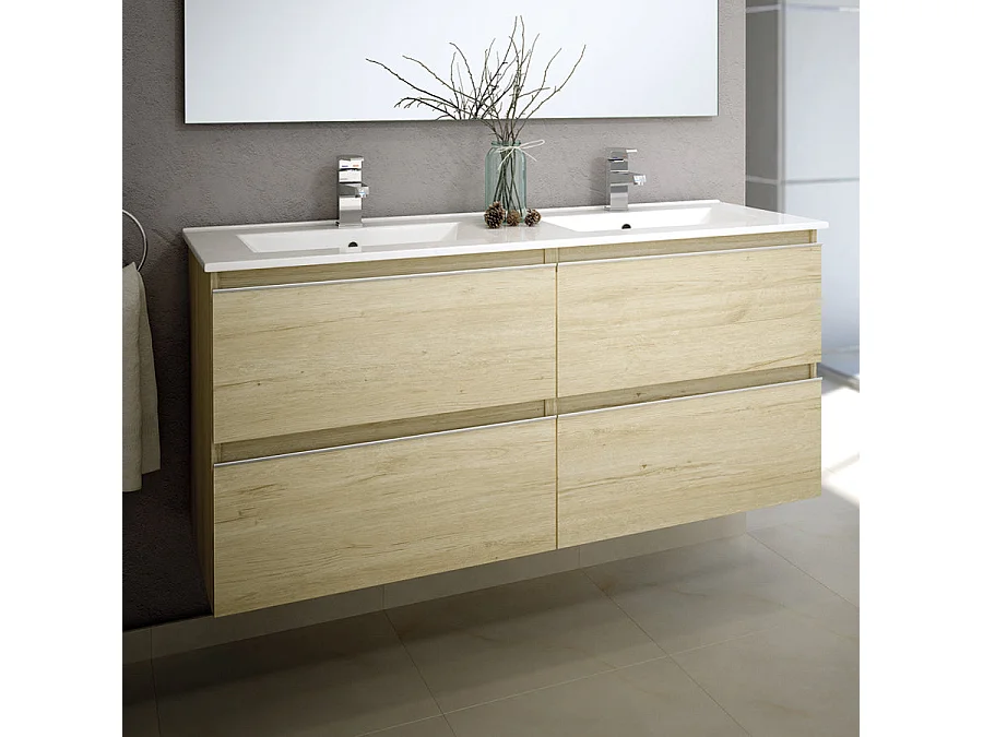 Meuble de salle de bain double vasque - 4 tiroirs - BALEA et miroir Led STAM - bambou (chêne clair) - 120cm