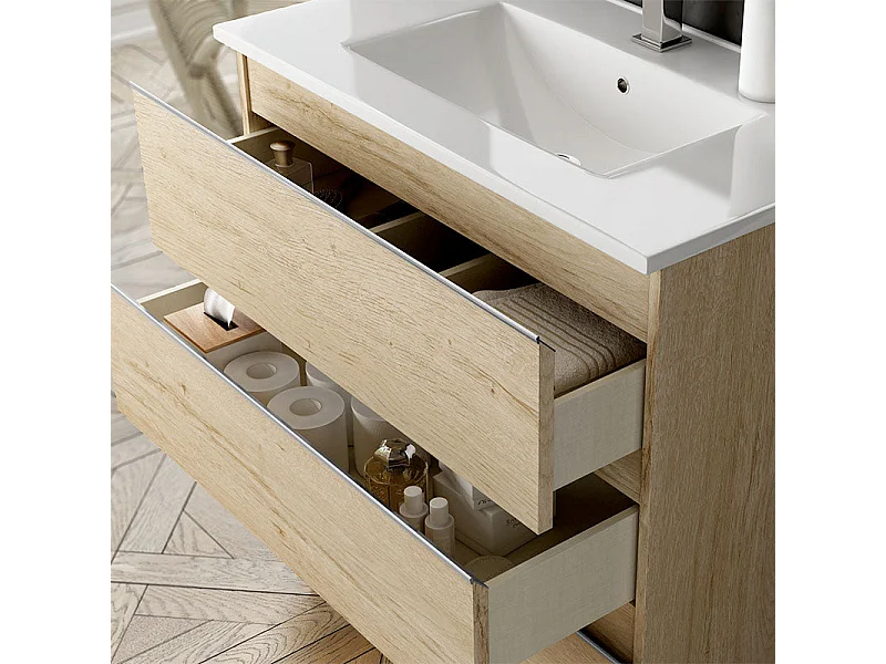 Meuble de salle de bain double vasque - 4 tiroirs - BALEA et miroir Led STAM - bambou (chêne clair) - 120cm