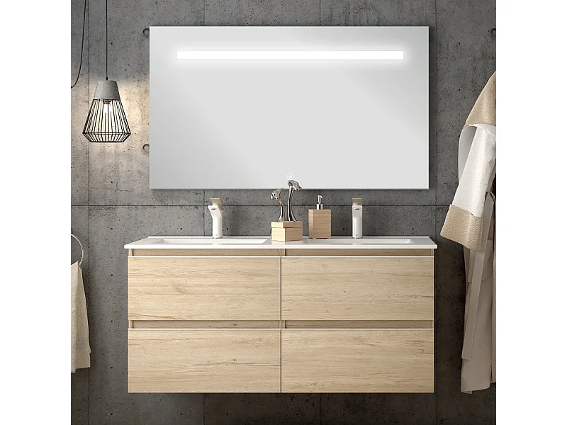 Meuble de salle de bain double vasque - 4 tiroirs - BALEA et miroir Led STAM - bambou (chêne clair) - 120cm