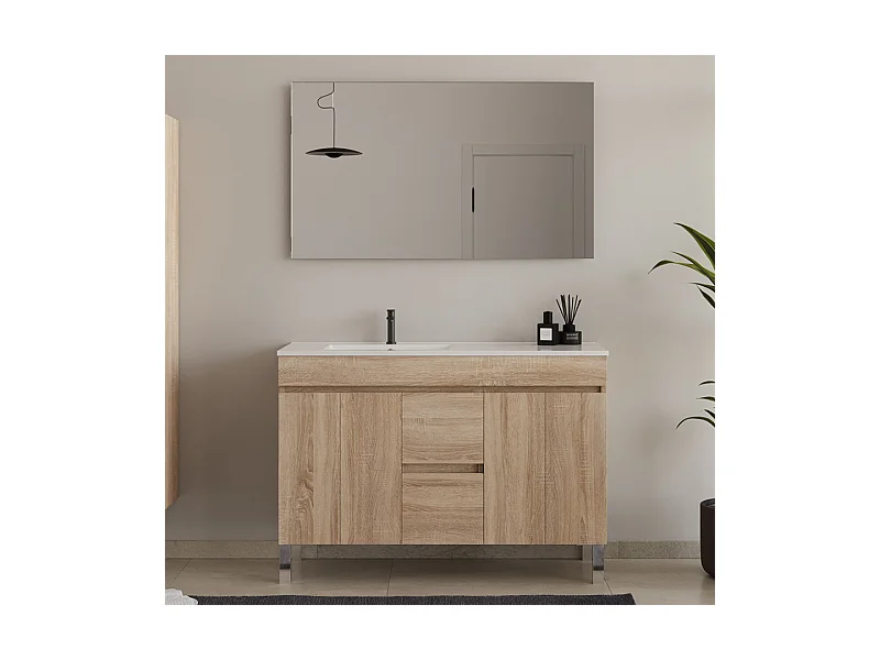 Meuble de salle de bain 120cm sur pieds avec vasque déporté - portes et tiroirs - cambrian (chêne clair) - HARO