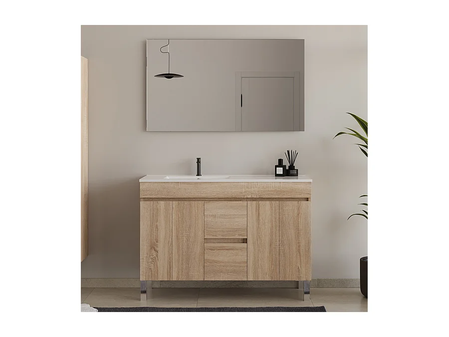 Meuble de salle de bain 120cm sur pieds avec vasque déporté - portes et tiroirs - cambrian (chêne clair) - HARO