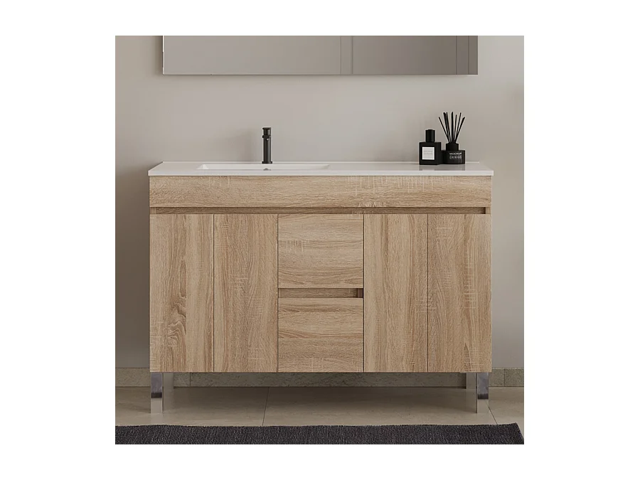 Meuble de salle de bain 120cm sur pieds avec vasque déporté - portes et tiroirs - cambrian (chêne clair) - HARO
