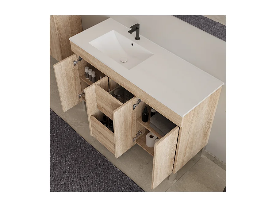 Meuble de salle de bain 120cm sur pieds avec vasque déporté - portes et tiroirs - cambrian (chêne clair) - HARO
