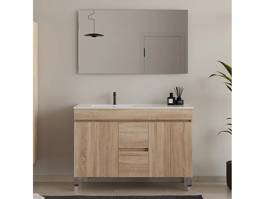 Meuble de salle de bain 120cm sur pieds avec vasque déporté - portes et tiroirs - cambrian (chêne clair) - HARO