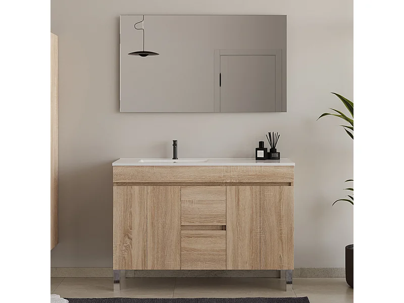 Meuble de salle de bain 120cm sur pieds avec vasque déporté - portes et tiroirs - cambrian (chêne clair) - HARO