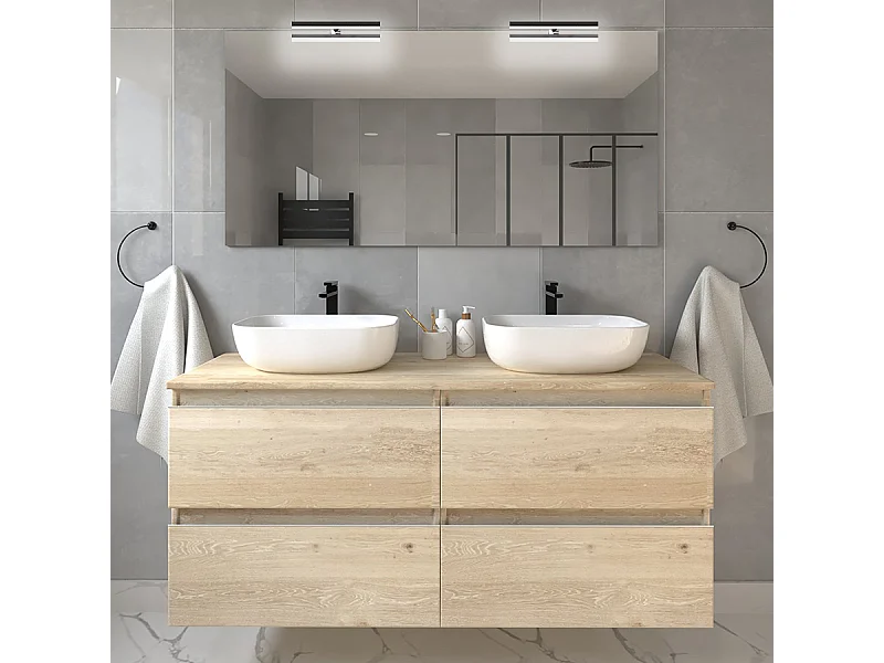 Meuble de salle de bain avec vasques à bords arrondies BALEA et miroir avec appliques - Bambou (chêne clair) - 120cm