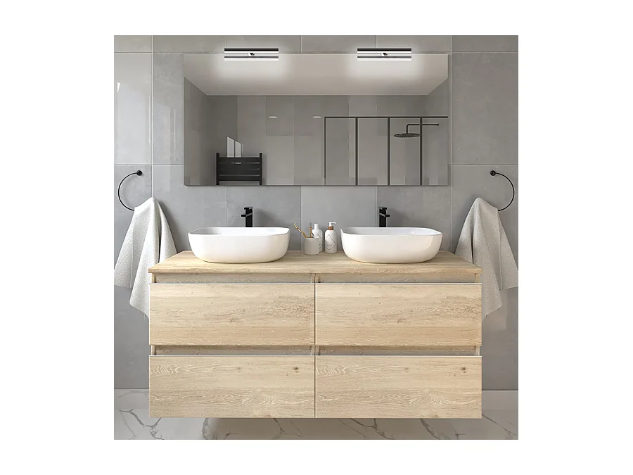 Meuble de salle de bain avec vasques à bords arrondies BALEA et miroir avec appliques - Bambou (chêne clair) - 120cm