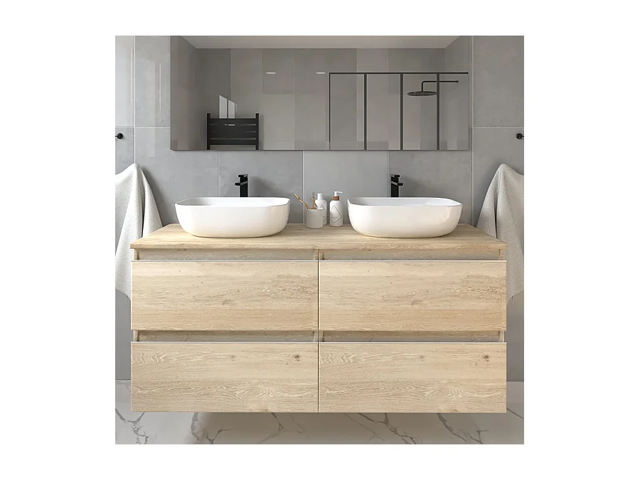 Meuble de salle de bain avec vasques à bords arrondies BALEA et miroir avec appliques - Bambou (chêne clair) - 120cm