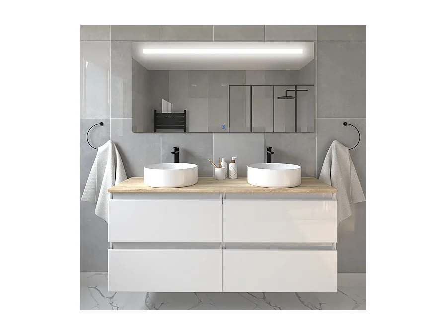 Meuble de salle de bain avec vasques rondes BALEA et miroir Led STAM - Blanc - 120cm